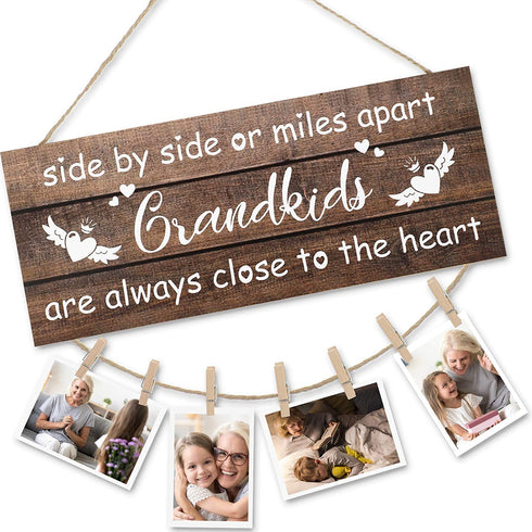 Jetec Grandkids Photo Holder Side by Side or Miles Apart Photo Frame Rustic Wooden Hanging Photo Display Board Grandmas Picture Frame with Clips and Twine for Living Room Bedroom Home Decor
