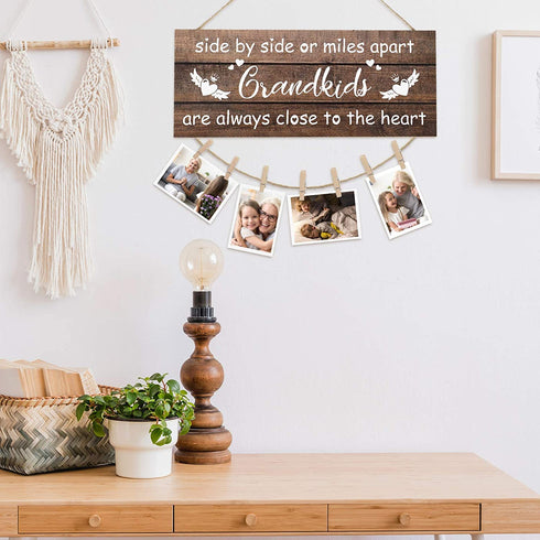 Jetec Grandkids Photo Holder Side by Side or Miles Apart Photo Frame Rustic Wooden Hanging Photo Display Board Grandmas Picture Frame with Clips and Twine for Living Room Bedroom Home Decor