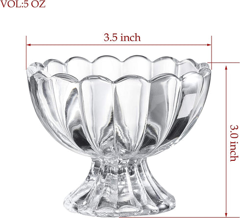 KMwares 6PCs Set 5.6oz Small Cute Footed Tulip Clear Glass Dessert Bowls/Cups - Perfect for Dessert, Sundae, Ice Cream, Fruit, Salad, Snack, Cocktail, Condiment, Trifle and Christmas Holiday Party