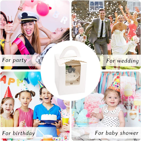 White Cupcake Boxes,50pcs Single Cupcake Carrier with Window Insert and Handle Kraft Pastry Containers Muffins Cupcake Carriers for Bakery Wrapping Party Favor Packing Treat Box
