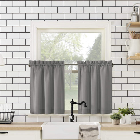 No. 918 Martine Microfiber Semi-Sheer Rod Pocket Kitchen Curtain Valance and Tiers Set, 54 in x 24 in (3 Piece), Gray