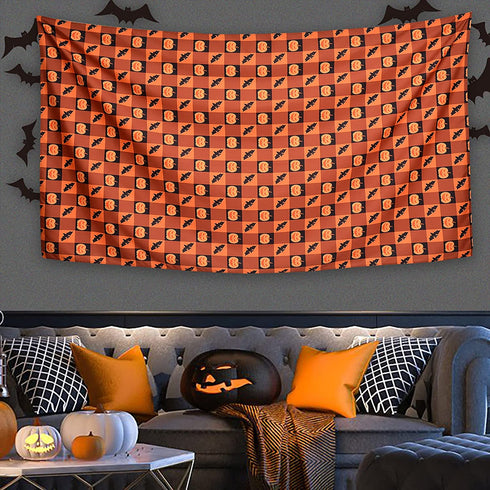 Softalker Halloween Rectangle Tablecloth, Waterproof Washable Checkered Halloween Themed Orange Pumpkin Bats Polyester Table Cloth for Party Decoration & Horror Movie Nights 60 x 84 inch