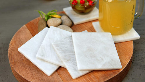 Coaster Set of 6 White Handmade Marble 3.5 Inch Bar Drink Cup Pad, Coffee Mug Square Coasters Set for Kitchen - Ideal Pot Drinks Tea Absorbent Coaster Plates