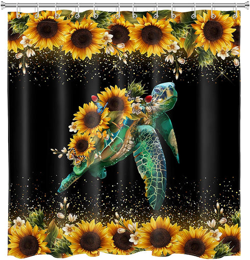 ECOTOB Sea Turtle Sunflower Shower Curtain for Bathroom, Rustic Farmhouse Yellow Sunflowers Ocean Animal Turtle on Black Background Fabric Bathroom Decor Set with Shower Curtain Hooks, 72x72 Inch