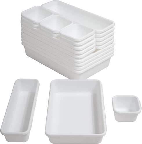 BYCY 18 Pcs White Drawer Organizers Trays Set Drawer Dividers for Kitchen Office Bathroom, Interlocking Bin Pack ( 18 Pieces )