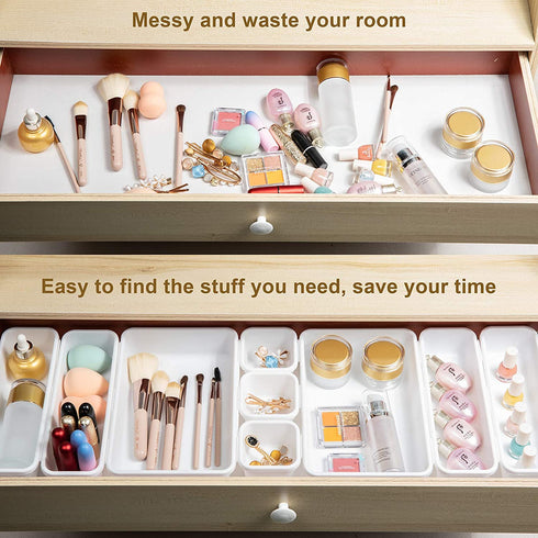 BYCY 18 Pcs White Drawer Organizers Trays Set Drawer Dividers for Kitchen Office Bathroom, Interlocking Bin Pack ( 18 Pieces )