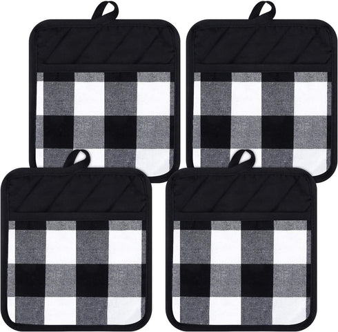 4 Pieces Buffalo Check Pot Holders with Pocket Potholders Buffalo Plaid Cloth Gloves Pocket Black and White Pot Holders for Kitchen