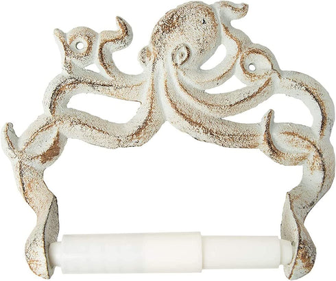 Decorative Cast Iron Octopus Toilet Paper Roll Holder Wall Mounted Octopus D©cor for Bathroom Kraken, Nautical Bathroom Accessories Easy to Install with Included Screws and Anchors - Rust White