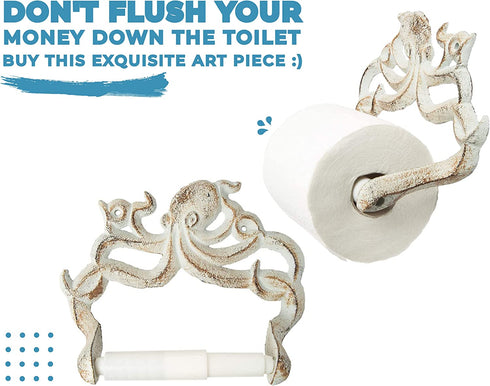 Decorative Cast Iron Octopus Toilet Paper Roll Holder Wall Mounted Octopus D©cor for Bathroom Kraken, Nautical Bathroom Accessories Easy to Install with Included Screws and Anchors - Rust White