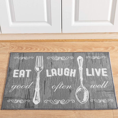 Carvapet 2 Piece Kitchen Rug Set Non-Slip Backing Mat Throw Rug for Kitchen Doormat Runner Rug Set, Motto Design, Grey (17"x48"+17"x24")