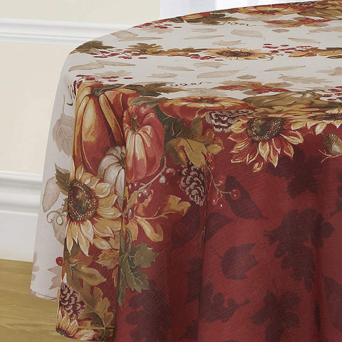 Elrene Home Fashions Swaying Leaves Bordered Fabric Tablecloth for Fall/Thanksgiving/Harvest, 70" Round, Multi