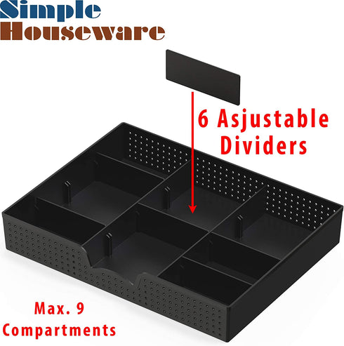 2 Pack - Simple Houseware Drawer Organizer Tray with 9 Adjustable Compartments, Black