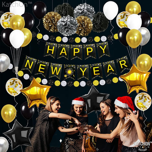 Huge New Years Eve Party Supplies 2022 - Pack of 70 | No DIY, Happy New Year Banner, Hanging Swirls and PomPoms for NYE Decorations 2022 | New Years Eve Decorations | Happy New Year Decorations 2022
