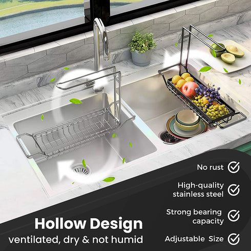 NEIIRO Stainless Steel Telescopic Sink Storage Rack - Expandable Kitchen Sink Caddy - Telescope Sink Rack Storage - Sponge Holder for Kitchen Sink Organization - Adjustable Holder with Towel Rack