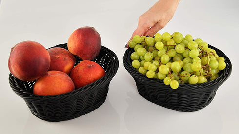 HOME-X Oval Plastic Woven Wicker Basket, Bread Baskets-Table Decor and Storage-Dark Gey-Set of 2 9.5"L x 8"W x 3.5"H