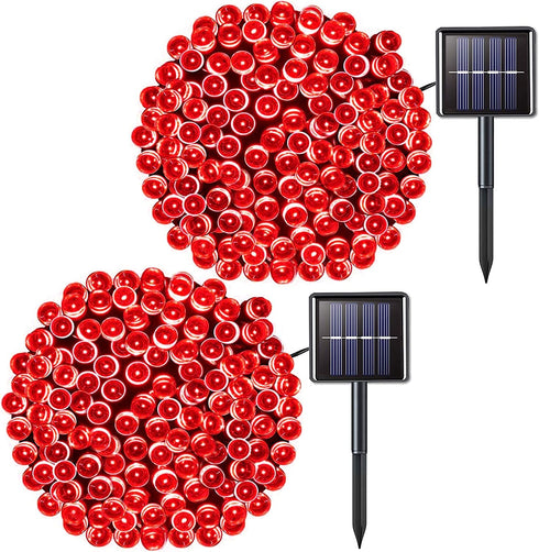 JMEXSUSS 2 Pack 100 LED Red Solar Lights Outdoor,42.7ft Solar String Lights, 8 Modes Solar Christmas Lights Outdoor Waterproof for Christmas Tree,Halloween,Party Decorations