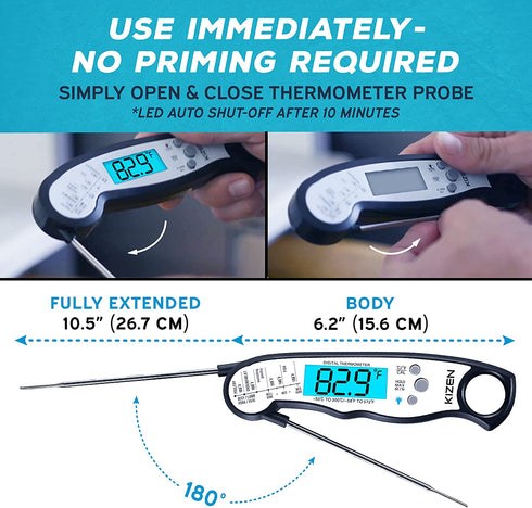 KIZEN Digital Meat Thermometer with Probe - Waterproof, Kitchen Instant Read Food Thermometer for Cooking, Baking, Liquids, Candy, Grilling BBQ & Air Fryer - Black/White