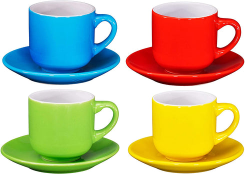 Espresso Cups with Saucers by Bruntmor - 4 ounce - Multi-Color, Chip Resistant, Stackable Set of 4, Perfect for Home and Office