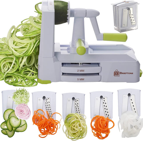 Brieftons 5-Blade Spiralizer (BR-5B-02): Strongest-and-Heaviest Duty Vegetable Spiral Slicer, Best Veggie Pasta Spaghetti Maker for Low Carb/Paleo/Gluten-Free, With Extra Blade Caddy, 4 Recipe Ebooks
