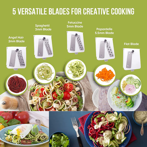 Brieftons 5-Blade Spiralizer (BR-5B-02): Strongest-and-Heaviest Duty Vegetable Spiral Slicer, Best Veggie Pasta Spaghetti Maker for Low Carb/Paleo/Gluten-Free, With Extra Blade Caddy, 4 Recipe Ebooks