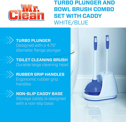 Mr. Clean Turbo Plunger and Bowl Brush Caddy Set, Toilet Brush Plunger Combo