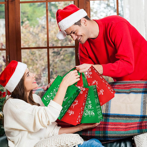 Whaline 12 Pack Christmas Non-Woven Gift Bags Christmas Tote Bags with Handles Red Green Snowflakes Xmas Tree Grocery Bag Reusable Party Treat Goodie Bags for Holiday Party Favors, 12.2" x 9.8" x 4.5"
