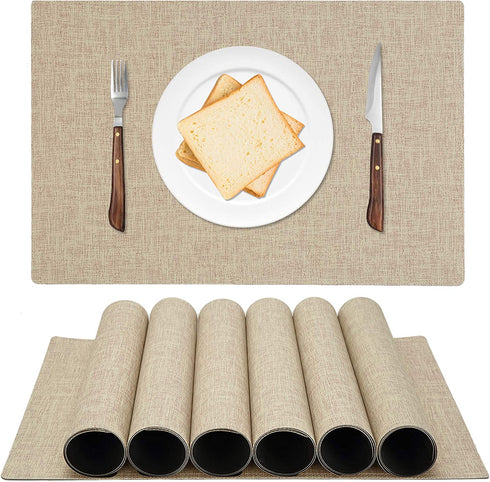 ALPIRIRAL Placemats Set of 6, Vinyl Washable Wipeable Placemat, Leather Placemats for Dinning Table, Waterproof Non-Slip Heat Resistant Table Mats,Farmhouse Outdoor Cream Linen Design(Grape Beige)