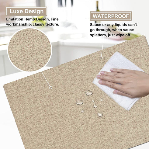 ALPIRIRAL Placemats Set of 6, Vinyl Washable Wipeable Placemat, Leather Placemats for Dinning Table, Waterproof Non-Slip Heat Resistant Table Mats,Farmhouse Outdoor Cream Linen Design(Grape Beige)