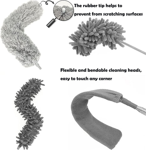 Microfiber Duster with Extension Pole (30-100 inches) Set, 3 Cleaning Head and 1 Mini-Duster (10-31 inches). Cleaning for Furniture, Ceiling Fan, Cobweb, Cars, Gap, Back of The Sofa, Ceilings€¦