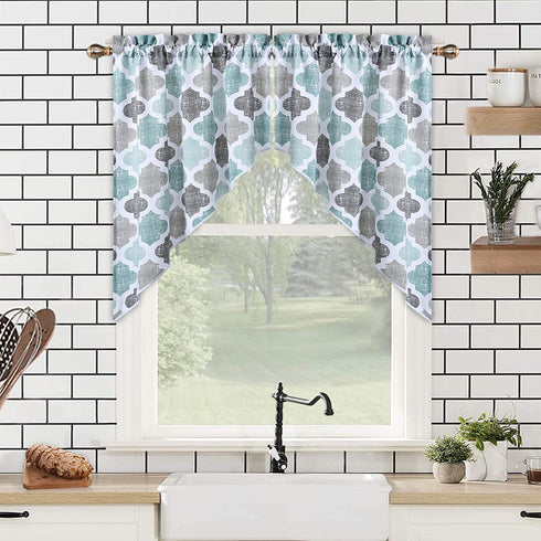 Swag Curtain Valances, Geometric Quatrefoil Trellis Printed Cotton Blend Tailored Swag Curtains for Kitchen Bathroom Window, Aqua/Mint/Grey, 56" W x 36" L