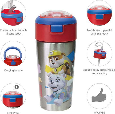 Zak Designs Paw Patrol Durable Stainless Steel Straw Bottle with Push-Button Flip Lid Vacuum Insulation Keeps Drinks Cold, BPA Free(1 PC), 12oz