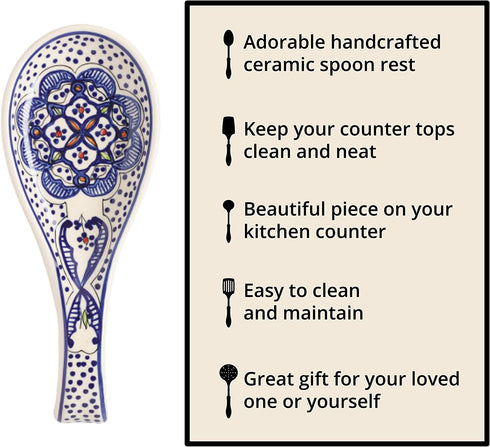 Ceramic Spoon Rest - Artisan Hand Crafted - Hand Painted Blue and White Spain and North Africa Art Deco - Kitchen Counter or Stove Top Utensil Rest