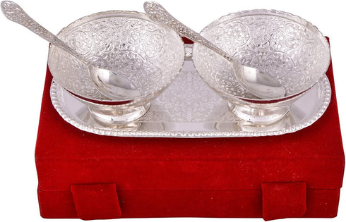 Rastogi Handicrafts Silver Plated round Shaped Bowl and Tray Set Dry Fruit Bowl Set, Diwali, Christmas, Festival Gifts, Set