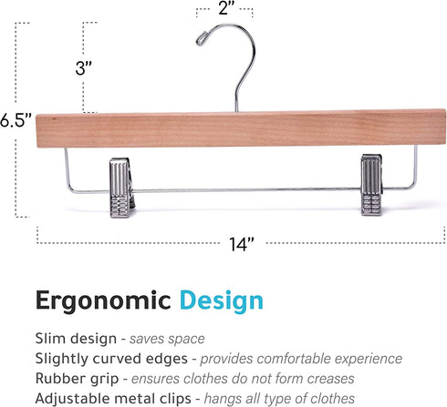 Quality Hangers Wooden Pants Hangers - 10-Pack Swivel Hook Cloth Hanger Set - Lotus Wood Skirt, Pant, Shorts and Slack Hangers with Adjustable Clip - Natural Clothing Hanger Set in 6 Modern Colors
