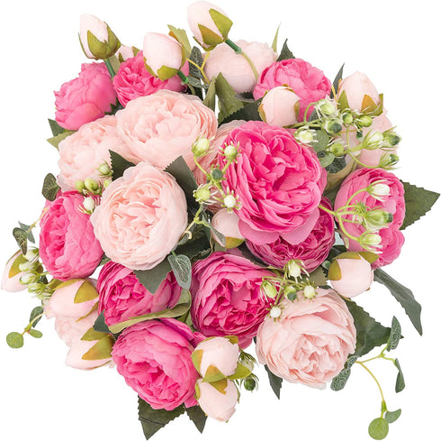 KAHAUL Artificial Flowers Silk Peony Flower Fake Flower Small Pieces Wedding Bouquet Design for Home Store Decoration Indoor&Outdoor (4 Pack, Pink Red)