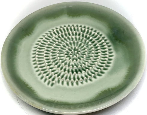 BonCera, All-in-one 4pcs Premium Ceramic Garlic Grater Set - Hand-Made, Green Glazed Design Grater Plate w/Garlic Peeler, Gathering Brush, Display Stand, It's also grating Turmeric, Ginger, and more,