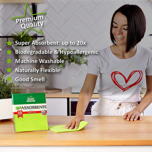 DOMI Super Absorbent Sponge Cloth Eco-Friendly Dishcloth for Kitchen 20x More Absorption 10Pcs Household Cleaning Cloths Reusable Cellulose Sponge Rags (Green)