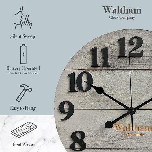 Waltham Real Wood Wall Clock, 12 inch, Battery Operated, Grey Finish - Made from Real Wood not Particle Board or MDF- 100% Real Wood!