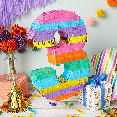 Small Rainbow Pinata Number 3 for Kids 3rd Birthday Party (11.4 x 16.5 x 3 In)