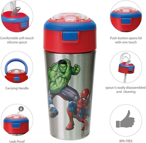 Zak Designs Comics Durable Stainless Steel Straw Bottle with Push-Button Flip Lid Vacuum Insulation Keeps Drinks Cold, BPA-Free, (1PC, 12oz), Marvel Universe
