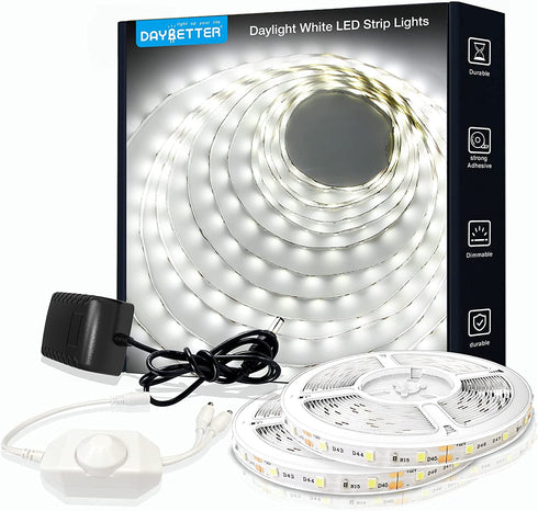 DAYBETTER White LED Strip Light, 40ft Dimmable Bright Rope Light, 6500K 12V Light Strips, 720 LEDs 2835 Tape Lights for Bedroom, Kitchen, Mirror, Home Decoration