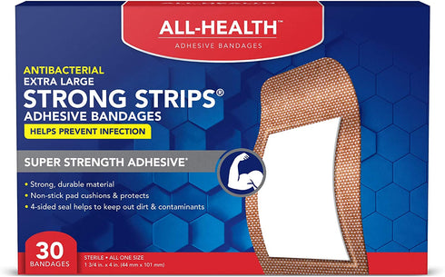 All Health Antibacterial Heavy Fabric Strong Strip Adhesive Bandages, XL 1.75 in x 4 in, 30 ct | Extra Large, Helps Prevent Infection, Durable Protection for First Aid and Wound Care