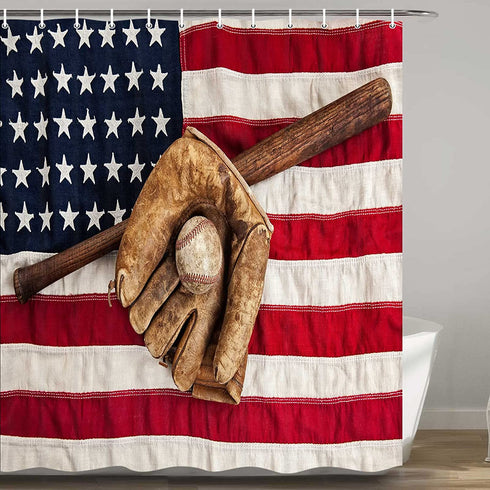DYNH Baseball Shower Curtains, Baseball Bat Glove on a Vintage American Flag Bath Curtain, Waterproof Polyester Fabric Bathroom Curtain with 12 Hooks, 69X70 Inches
