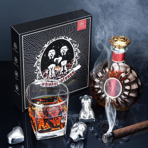 Whiskey Stones Gift Set, NIXWET Set of 5 Stainless Steel Reusable Ice Cubes Whiskey Rocks with Chilling Bag and Ice Tongs for Cocktails, Bourbon, Wine, Beverages