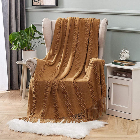 MIULEE Brown Throw Blanket for Couch,Boho Bed Decor Knitted Outdoor Blankets Throw Size with Tassels Cozy Woven for Sofa Home Chair Wave Pattern 50" x 60" Inches