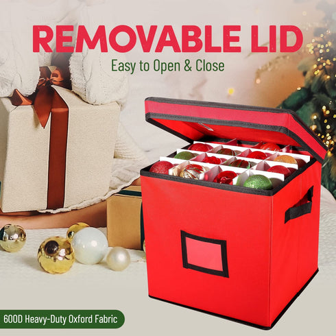 Christmas Ornament Storage Box - 12 x 12 Inch, 4-Layer Ornament Storage Container Fits Up To 64 Christmas Balls - Heavy-Duty Polyester Ornaments Storage and Organizer with Removable Lid
