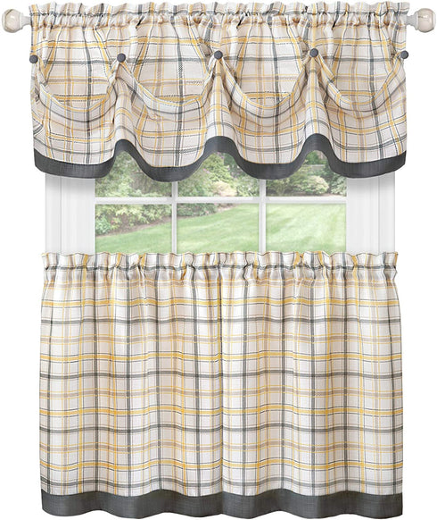 Achim Home Furnishings Tier Pair and Valance Set Tattersall Window Curtain, 58" x 24", Grey