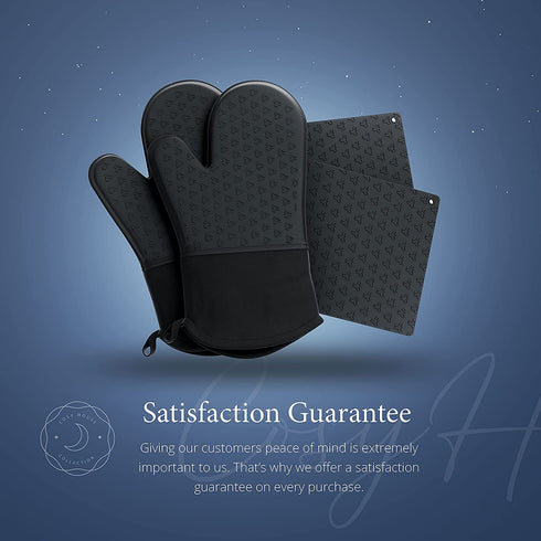 Cosy House Collection 4-Piece Oven Mitt & Pot Holder Set - Non-Slip Silicone & Cotton 500°F Heat Resistant Trivet Cooking Gloves- for Cooking & Baking (Black)