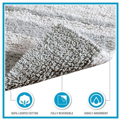 Madison Park Reversible Spa Cotton Bath Rug 100%-Cotton Striped Ultra Soft Water Absorbent, Fast Drying, Bath-Mats, Non-Slip Absorbent Quick Dry Mats for Tub, Shower Room, and Bathroom, 24x72, Grey