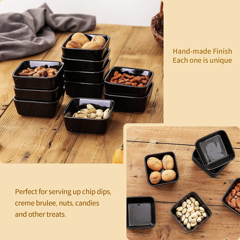 3.5 Inch Square Ramekins Set of 10, 6 OZ Porcelain Ramekins for Baking, Creme Brulee Dish, Souffle Cups, Appetizer Cups, Dipping Sauce Dish, Custard Dish, Pudding Cups, Black